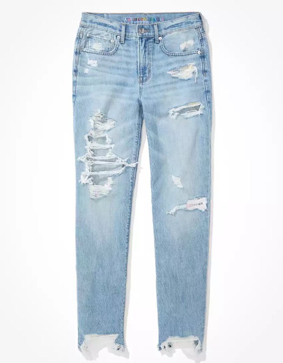 Jean American Eagle AE Pride Ripped '90s Droit Bleu Femme | QLB-78672496